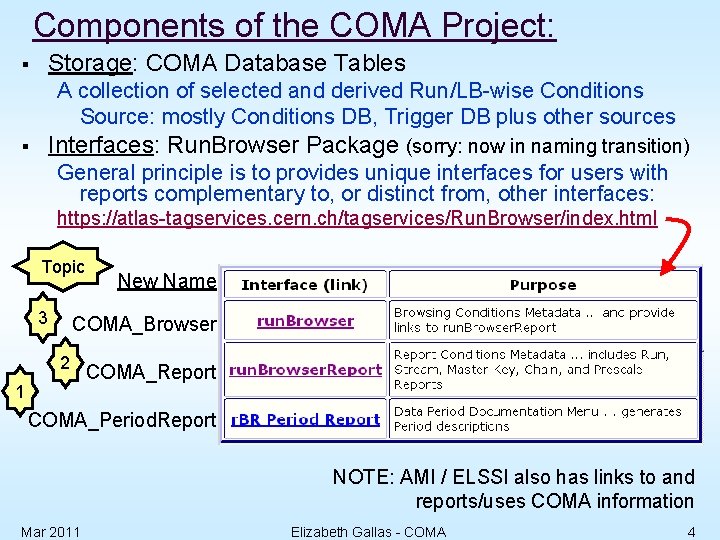 Components of the COMA Project: Storage: COMA Database Tables § A collection of selected