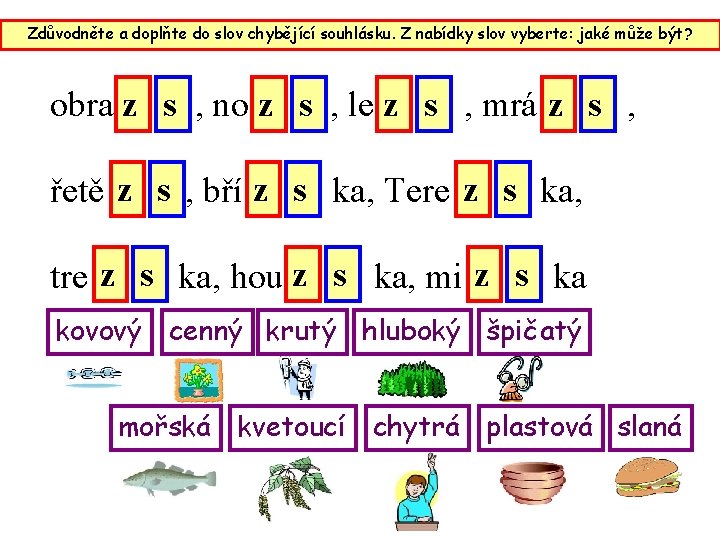 Zdůvodněte a doplňte do slov chybějící souhlásku. Z nabídky slov vyberte: jaké může být?