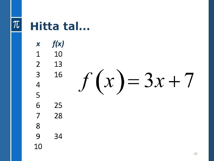 Hitta tal… x 1 2 3 4 5 6 7 8 9 10 f(x)