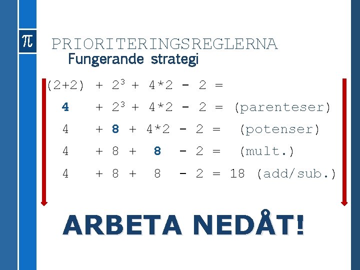 PRIORITERINGSREGLERNA Fungerande strategi (2+2) + 23 + 4*2 - 2 = 4 + 23