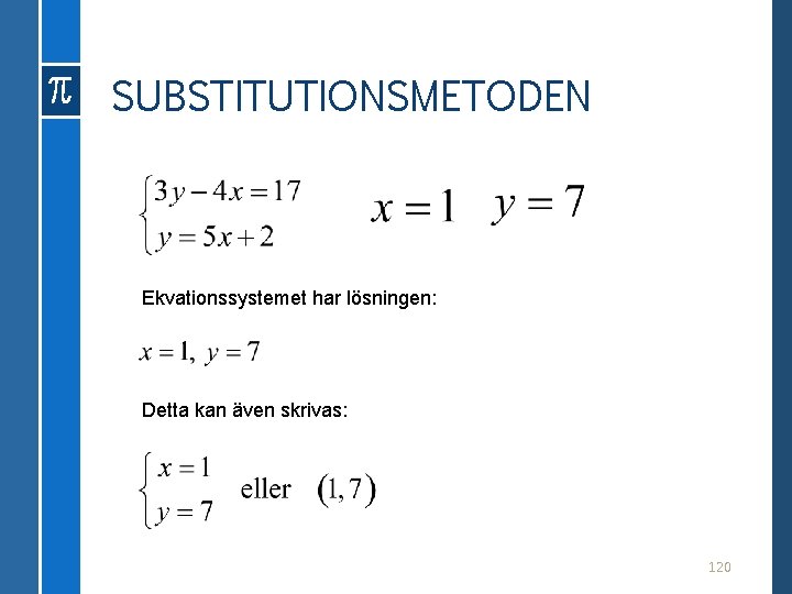 SUBSTITUTIONSMETODEN Ekvationssystemet har lösningen: Detta kan även skrivas: 120 