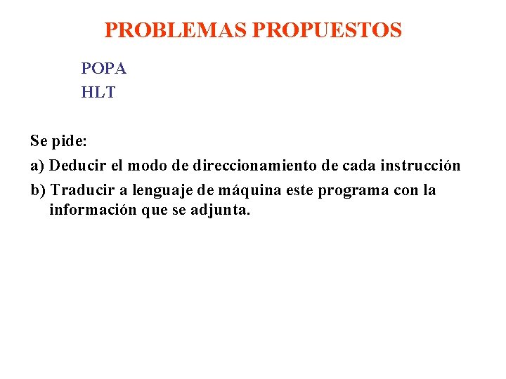 PROBLEMAS PROPUESTOS POPA HLT Se pide: a) Deducir el modo de direccionamiento de cada