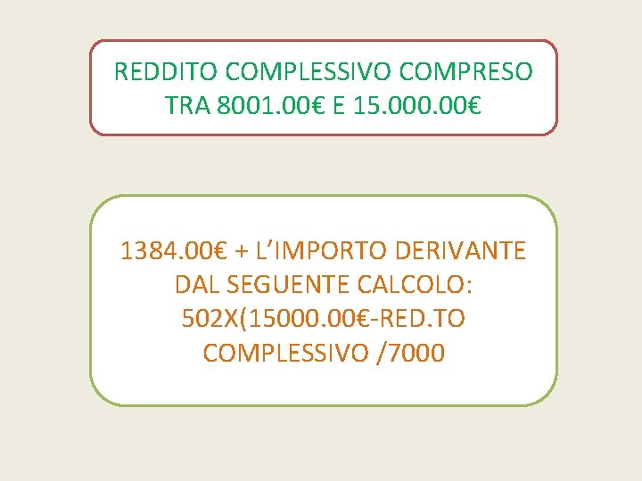 REDDITO COMPLESSIVO COMPRESO TRA 8001. 00€ E 15. 000. 00€ 1384. 00€ + L’IMPORTO