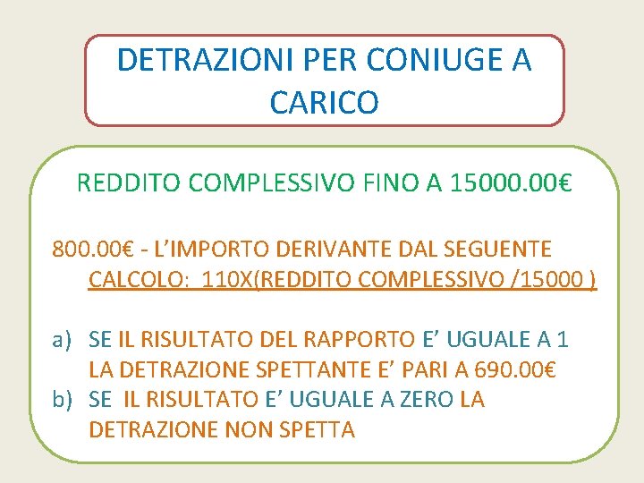 DETRAZIONI PER CONIUGE A CARICO REDDITO COMPLESSIVO FINO A 15000. 00€ 800. 00€ -