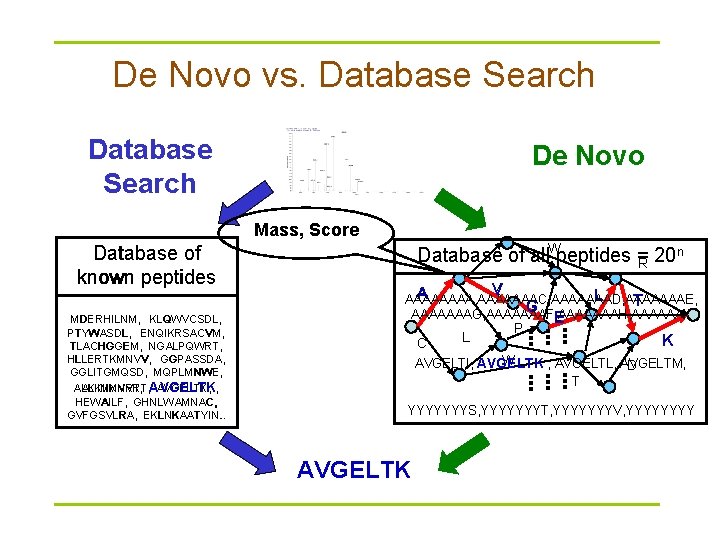 De Novo vs. Database Search De Novo Mass, Score Database of known peptides MDERHILNM,