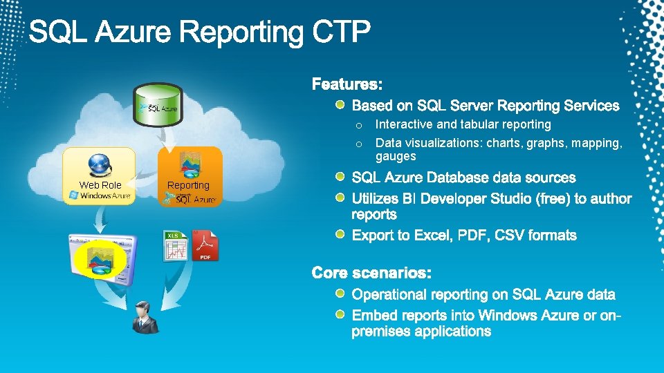 Web Role Reporting o Interactive and tabular reporting o Data visualizations: charts, graphs, mapping,