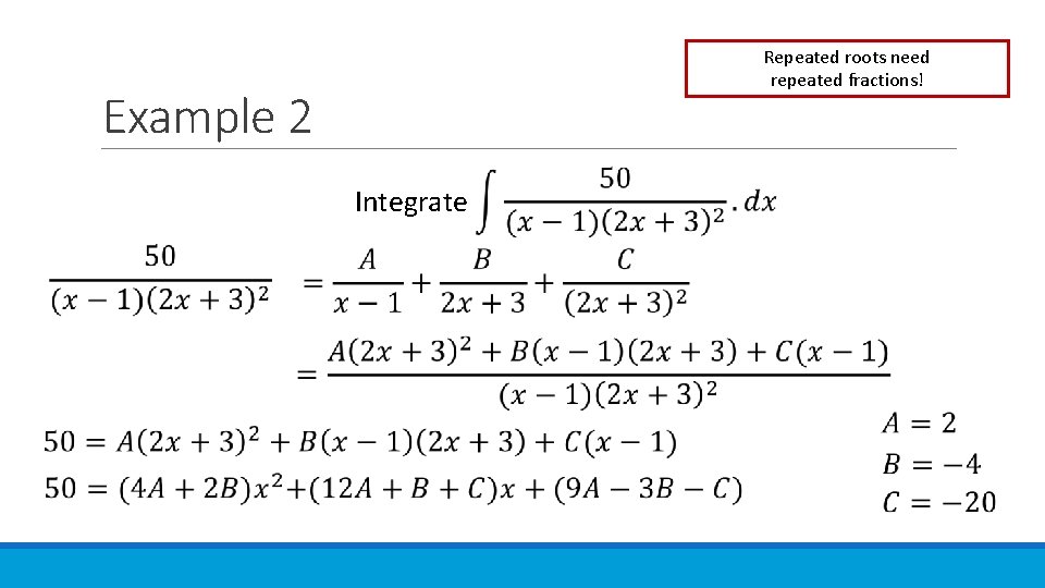 Repeated roots need repeated fractions! Example 2 Integrate 