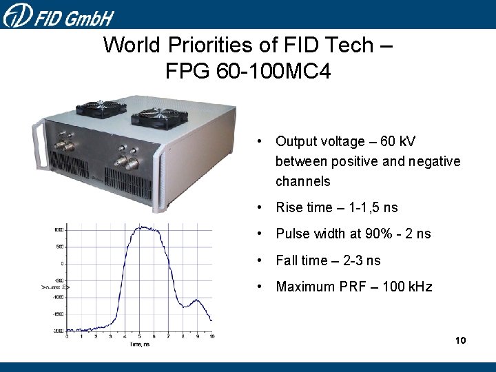 World Priorities of FID Tech – FPG 60 -100 MC 4 • Output voltage