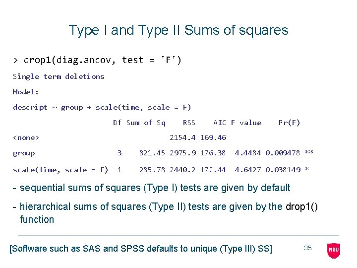 Type I and Type II Sums of squares > drop 1(diag. ancov, test =