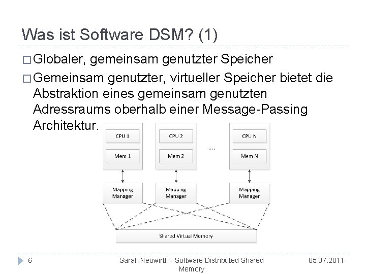 Was ist Software DSM? (1) � Globaler, gemeinsam genutzter Speicher � Gemeinsam genutzter, virtueller