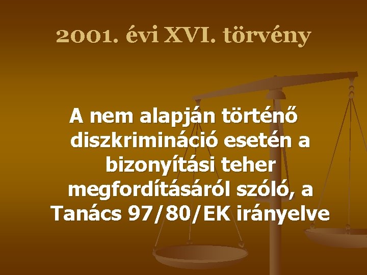 2001. évi XVI. törvény A nem alapján történő diszkrimináció esetén a bizonyítási teher megfordításáról 2001. évi XVI. törvény A nem alapján történő diszkrimináció esetén a bizonyítási teher megfordításáról