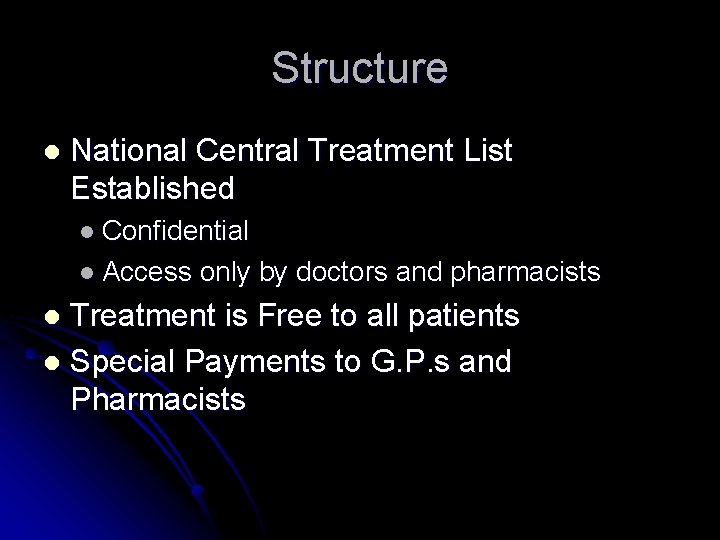 Structure l National Central Treatment List Established l Confidential l Access only by doctors