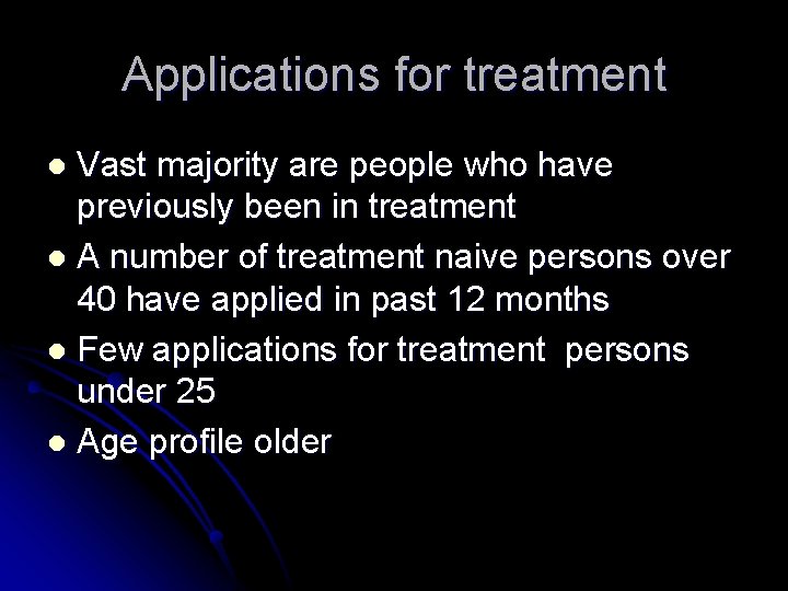 Applications for treatment Vast majority are people who have previously been in treatment l