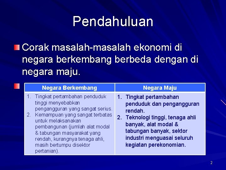 Pendahuluan Corak masalah-masalah ekonomi di negara berkembang berbeda dengan di negara maju. Negara Berkembang