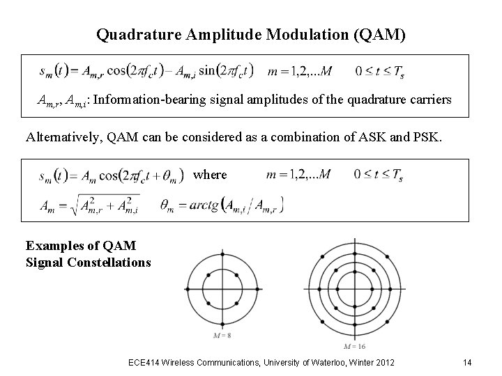 Quadrature Amplitude Modulation (QAM) Am, r, Am, i: Information-bearing signal amplitudes of the quadrature Quadrature Amplitude Modulation (QAM) Am, r, Am, i: Information-bearing signal amplitudes of the quadrature