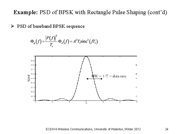 Example: PSD of BPSK with Rectangle Pulse Shaping (cont’d) Ø PSD of baseband BPSK Example: PSD of BPSK with Rectangle Pulse Shaping (cont’d) Ø PSD of baseband BPSK