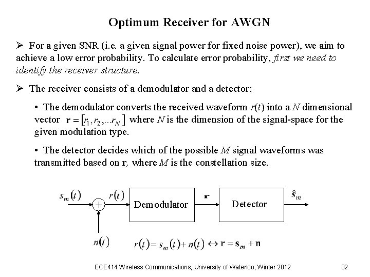 Optimum Receiver for AWGN Ø For a given SNR (i. e. a given signal