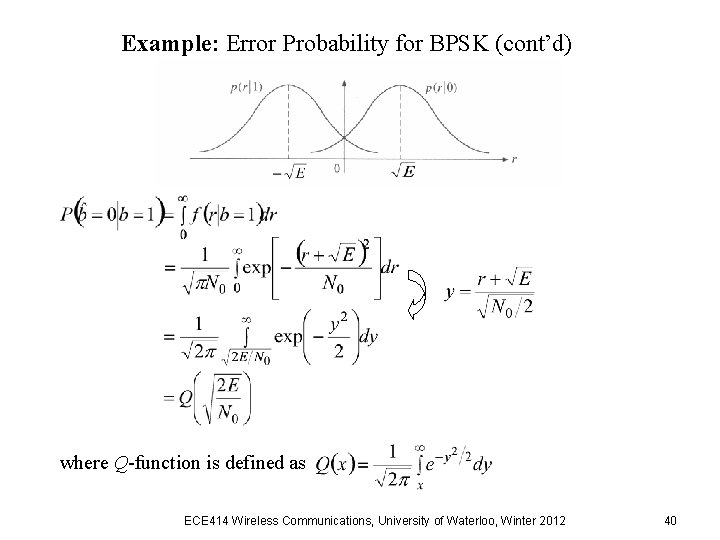 Example: Error Probability for BPSK (cont’d) where Q-function is defined as ECE 414 Wireless Example: Error Probability for BPSK (cont’d) where Q-function is defined as ECE 414 Wireless