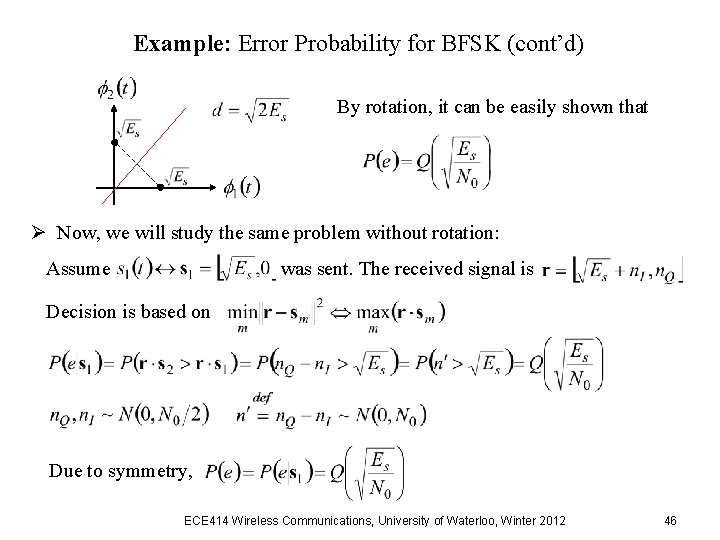Example: Error Probability for BFSK (cont’d) By rotation, it can be easily shown that