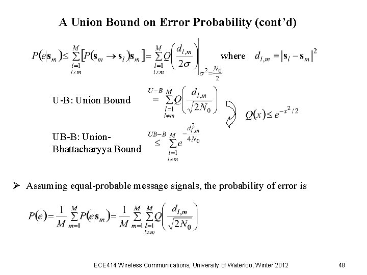 A Union Bound on Error Probability (cont’d) where U-B: Union Bound UB-B: Union. Bhattacharyya A Union Bound on Error Probability (cont’d) where U-B: Union Bound UB-B: Union. Bhattacharyya