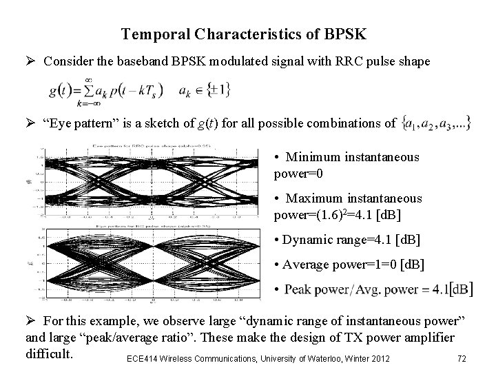 Temporal Characteristics of BPSK Ø Consider the baseband BPSK modulated signal with RRC pulse Temporal Characteristics of BPSK Ø Consider the baseband BPSK modulated signal with RRC pulse