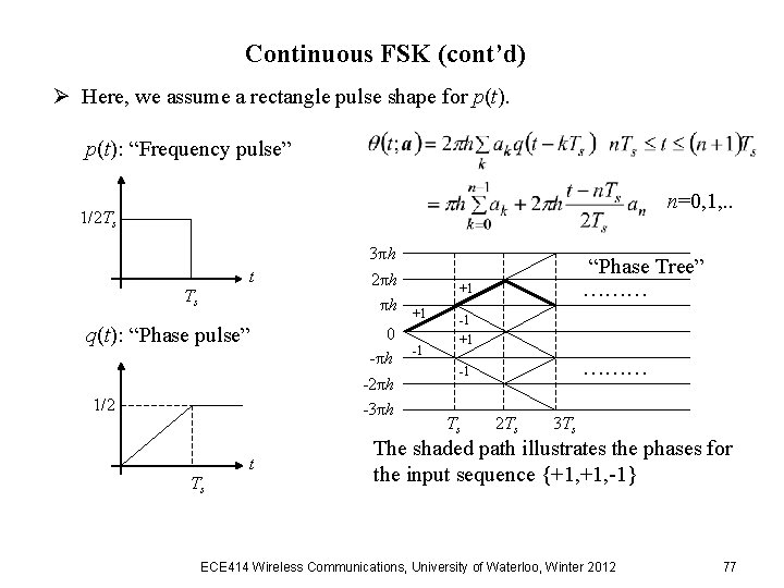 Continuous FSK (cont’d) Ø Here, we assume a rectangle pulse shape for p(t): “Frequency