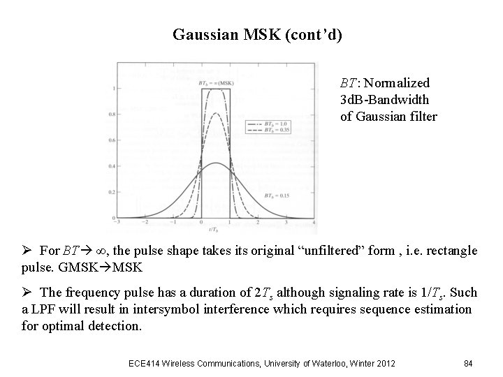 Gaussian MSK (cont’d) BT: Normalized 3 d. B-Bandwidth of Gaussian filter Ø For BT