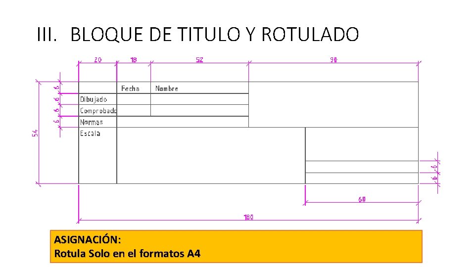 III. BLOQUE DE TITULO Y ROTULADO ASIGNACIÓN: Rotula Solo en el formatos A 4