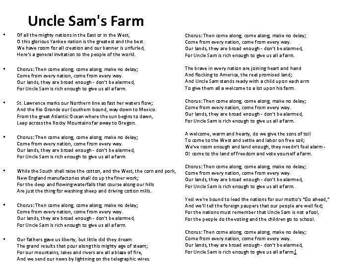 Uncle Sam's Farm • Of all the mighty nations in the East or in
