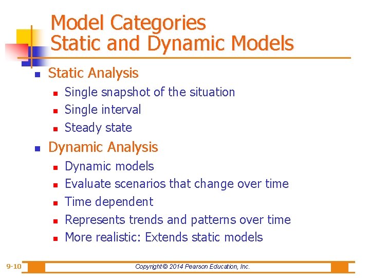 Model Categories Static and Dynamic Models n Static Analysis n n Dynamic Analysis n