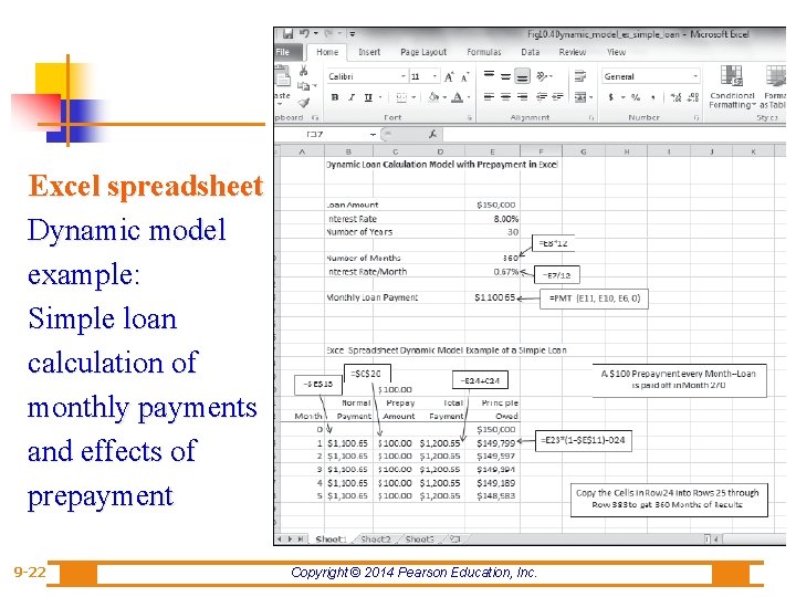 Excel spreadsheet Dynamic model example: Simple loan calculation of monthly payments and effects of