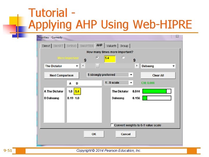 Tutorial Applying AHP Using Web-HIPRE 9 -51 Copyright © 2014 Pearson Education, Inc. 