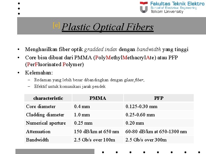 [e] Plastic Optical Fibers • Menghasilkan fiber optik gradded index dengan bandwidth yang tinggi