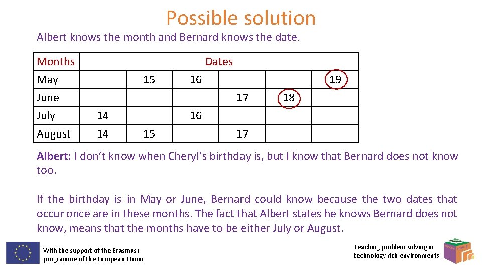 Possible solution Albert knows the month and Bernard knows the date. Months May June Possible solution Albert knows the month and Bernard knows the date. Months May June