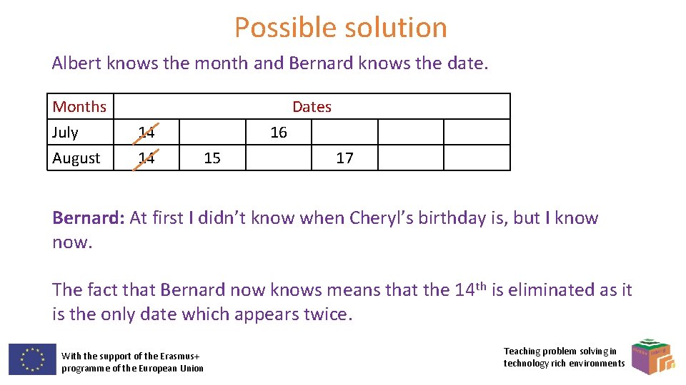 Possible solution Albert knows the month and Bernard knows the date. Months July August