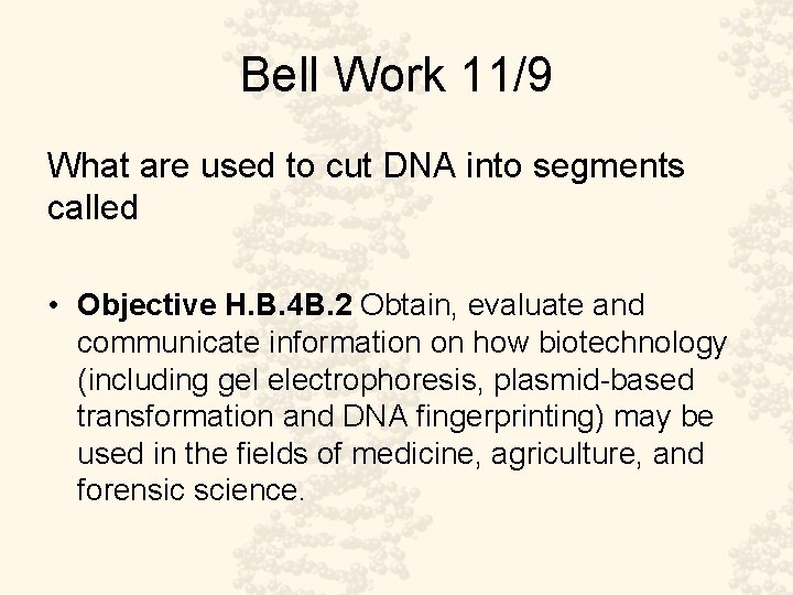 Bell Work 11/9 What are used to cut DNA into segments called • Objective