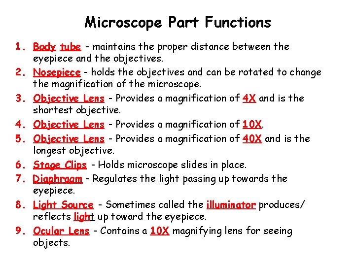 Microscope Part Functions 1. Body tube - maintains the proper distance between the eyepiece