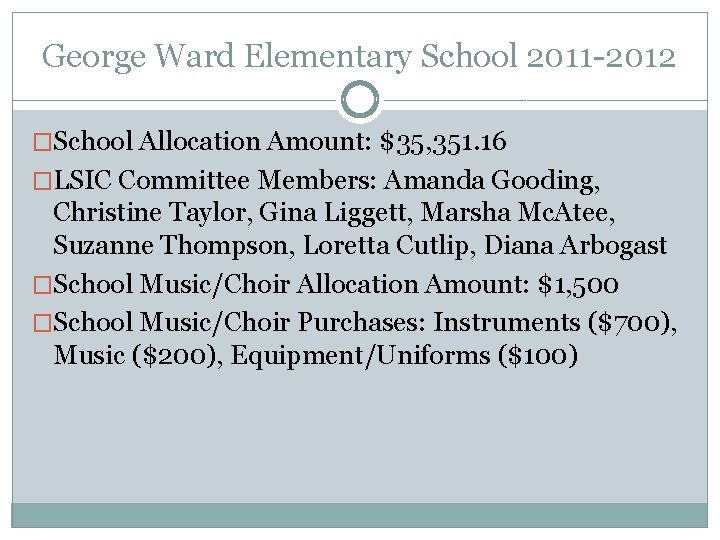 George Ward Elementary School 2011 -2012 �School Allocation Amount: $35, 351. 16 �LSIC Committee