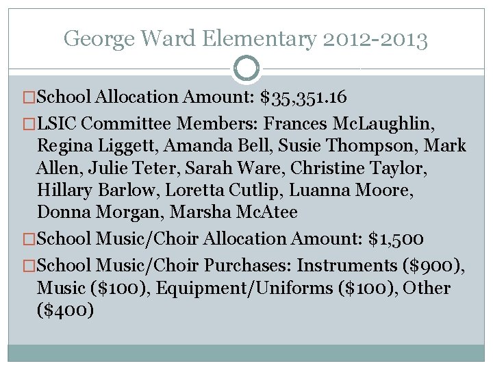 George Ward Elementary 2012 -2013 �School Allocation Amount: $35, 351. 16 �LSIC Committee Members: