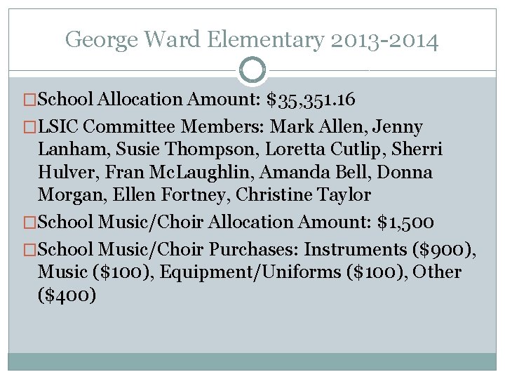 George Ward Elementary 2013 -2014 �School Allocation Amount: $35, 351. 16 �LSIC Committee Members: