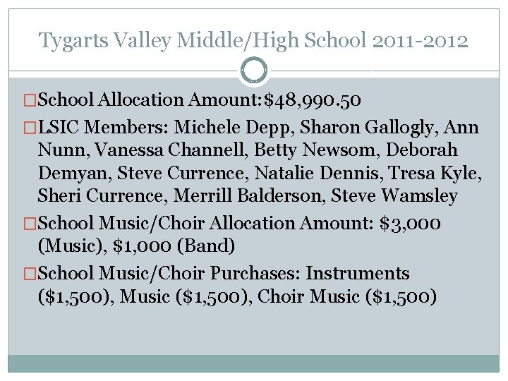 Tygarts Valley Middle/High School 2011 -2012 �School Allocation Amount: $48, 990. 50 �LSIC Members: