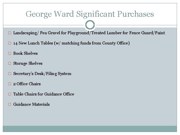 George Ward Significant Purchases � Landscaping/ Pea Gravel for Playground/Treated Lumber for Fence Guard/Paint