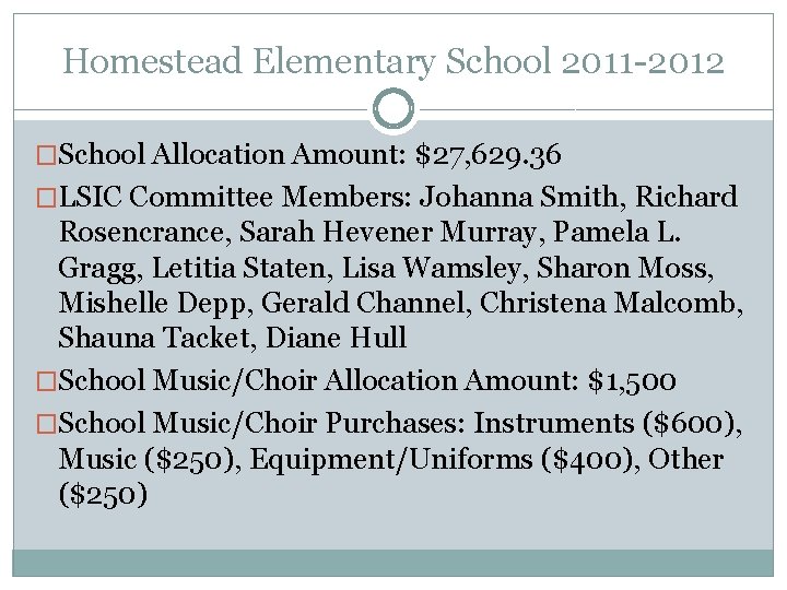 Homestead Elementary School 2011 -2012 �School Allocation Amount: $27, 629. 36 �LSIC Committee Members: