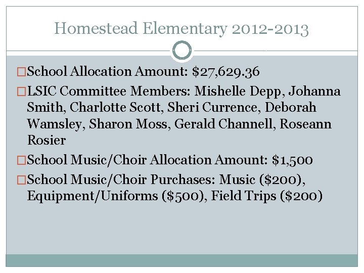 Homestead Elementary 2012 -2013 �School Allocation Amount: $27, 629. 36 �LSIC Committee Members: Mishelle