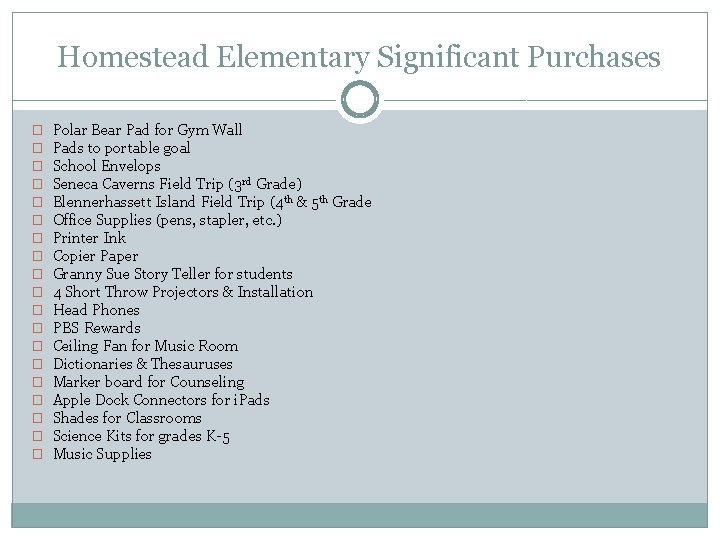 Homestead Elementary Significant Purchases � � � � � Polar Bear Pad for Gym