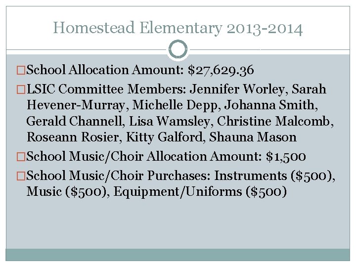 Homestead Elementary 2013 -2014 �School Allocation Amount: $27, 629. 36 �LSIC Committee Members: Jennifer