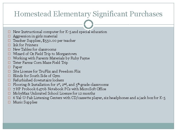 Homestead Elementary Significant Purchases � � � � � New Instructional computer for K-5