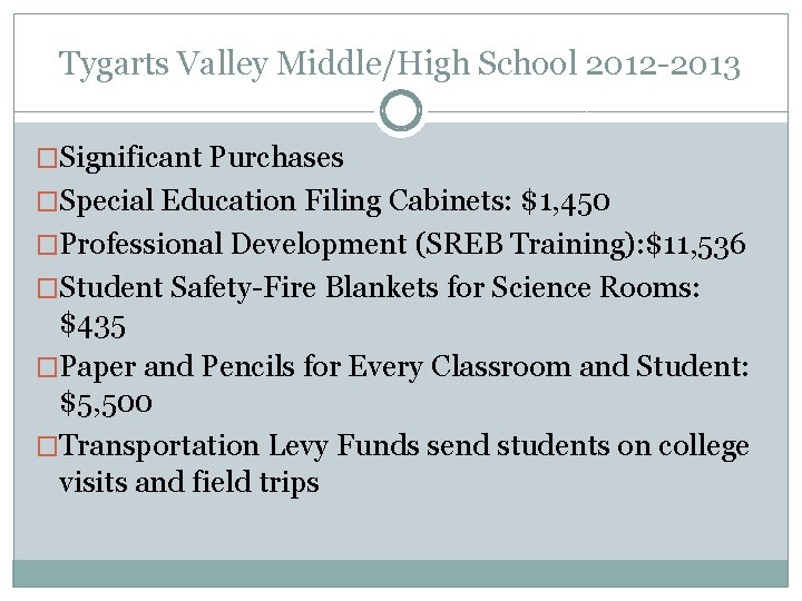 Tygarts Valley Middle/High School 2012 -2013 �Significant Purchases �Special Education Filing Cabinets: $1, 450