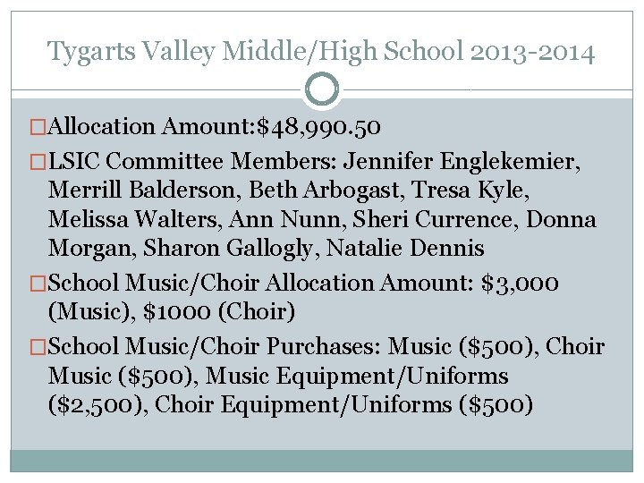 Tygarts Valley Middle/High School 2013 -2014 �Allocation Amount: $48, 990. 50 �LSIC Committee Members: