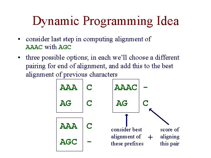 Dynamic Programming Idea • consider last step in computing alignment of AAAC with AGC